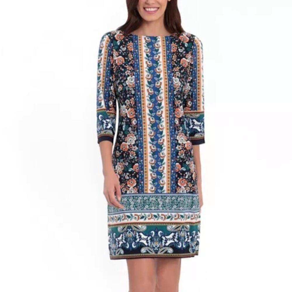 London Times Dress Floral Border Pattern 3/4 Sleeve Shift Mini Multicolor NWT 10